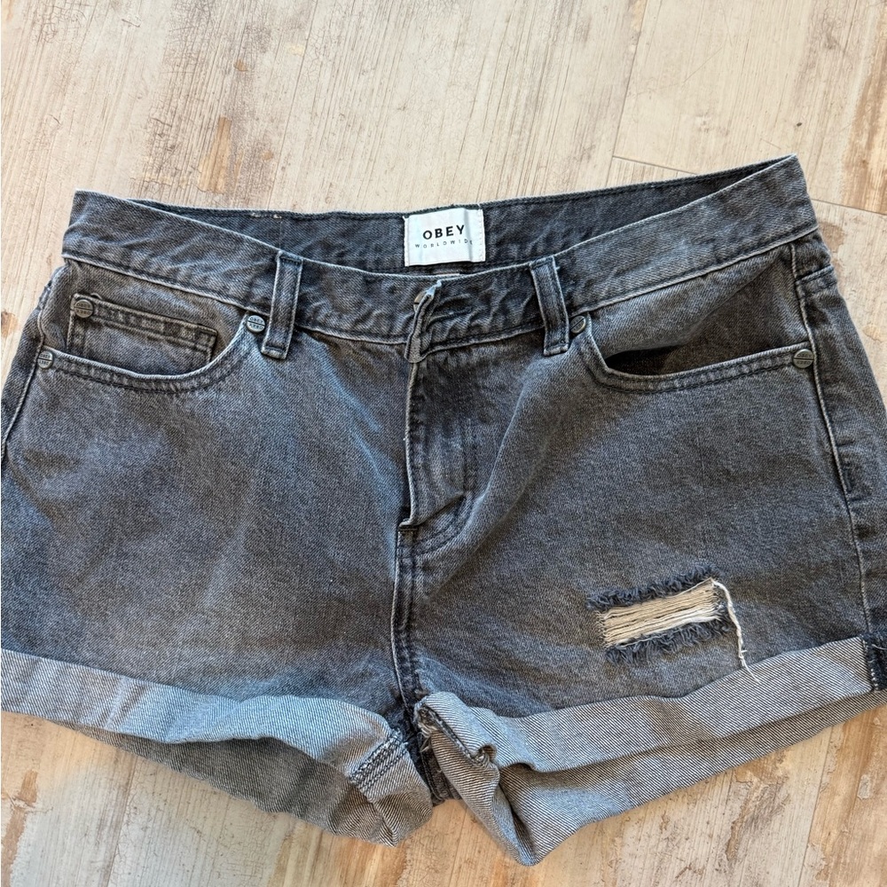 Obey Gray Jean Shorts Distressed Cuffed